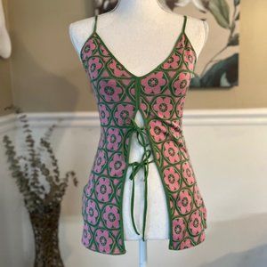 ZARA Spaghetti Strap Pink & Green 70's Style Tie Front Tank Top SZ S